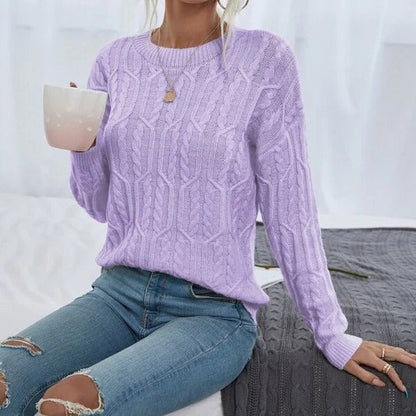 Women's Knitted Jumper with Twisted Pattern and Round Neckline