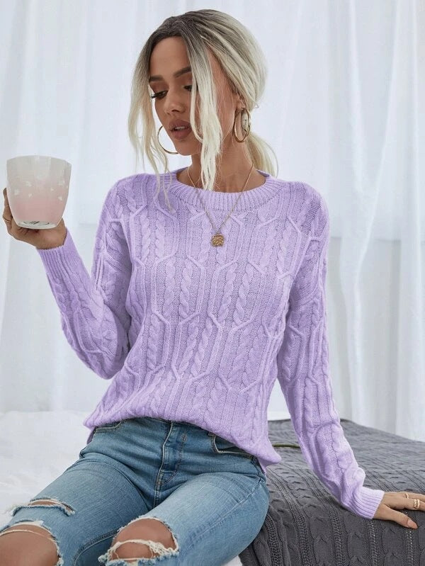 Women's Knitted Jumper with Twisted Pattern and Round Neckline
