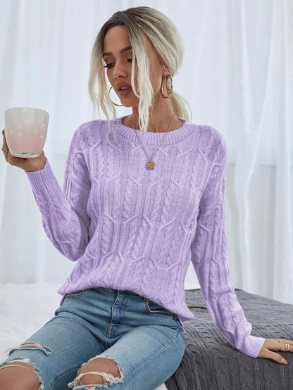 Women's Knitted Jumper with Twisted Pattern and Round Neckline