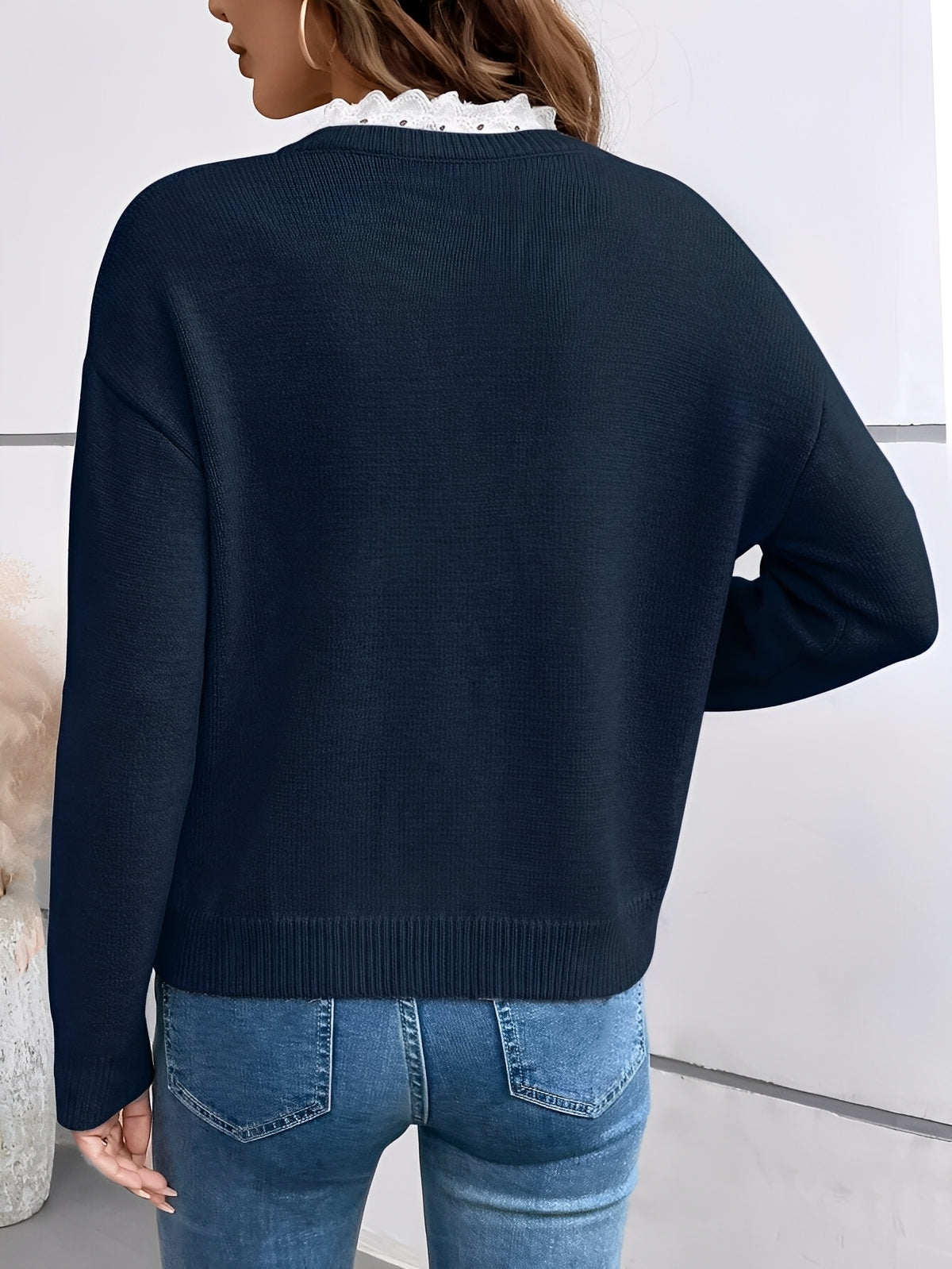 Women's Knitted Jumper with V-Neck Lace Detail in Grey