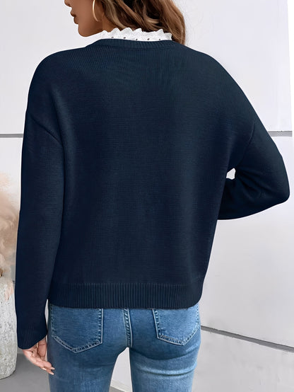 Women's Knitted Jumper with V-Neck Lace Detail in Grey