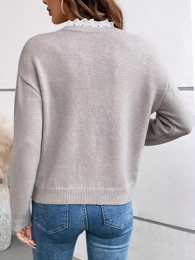 Women's Knitted Jumper with V-Neck Lace Detail in Grey