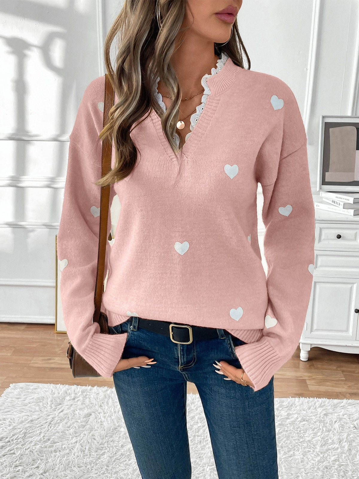 Women's Knitted V-Neck Jumper with Lace Detail