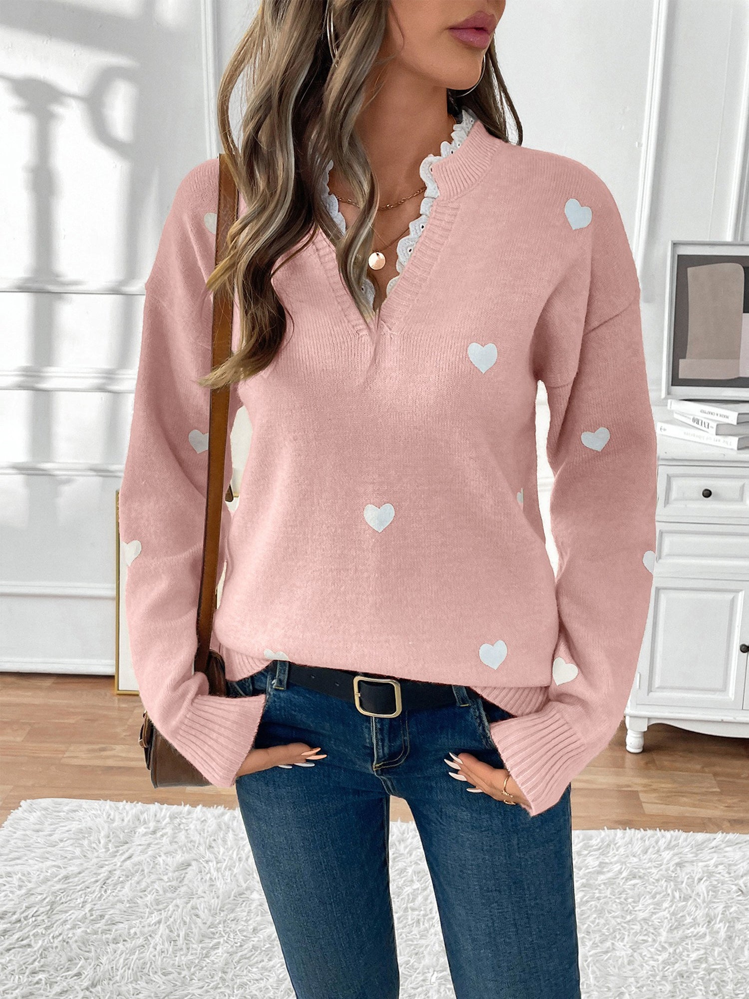 Women's Knitted V-Neck Jumper with Lace Detail