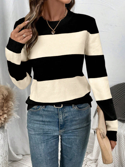 Women's Long-Sleeved Striped Jumper with Round Neckline
