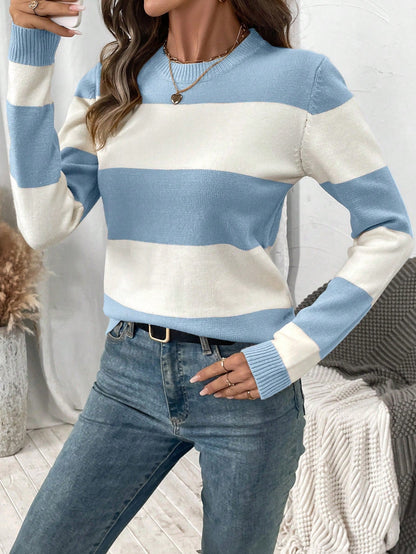 Women's Long-Sleeved Striped Jumper with Round Neckline
