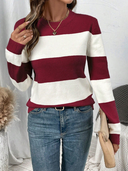 Women's Long-Sleeved Striped Jumper with Round Neckline