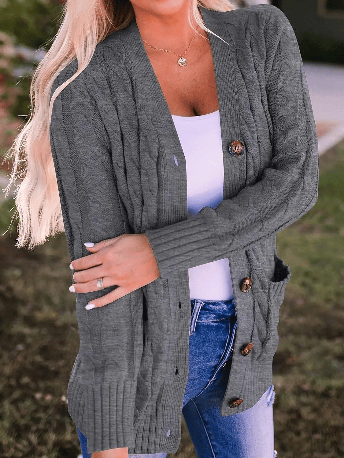 Women's Long Cable Knit Cardigan with Button Front and Pockets