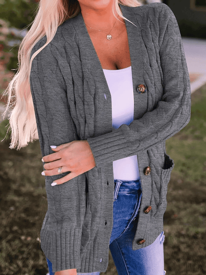 Women's Long Cable Knit Cardigan with Button Front and Pockets