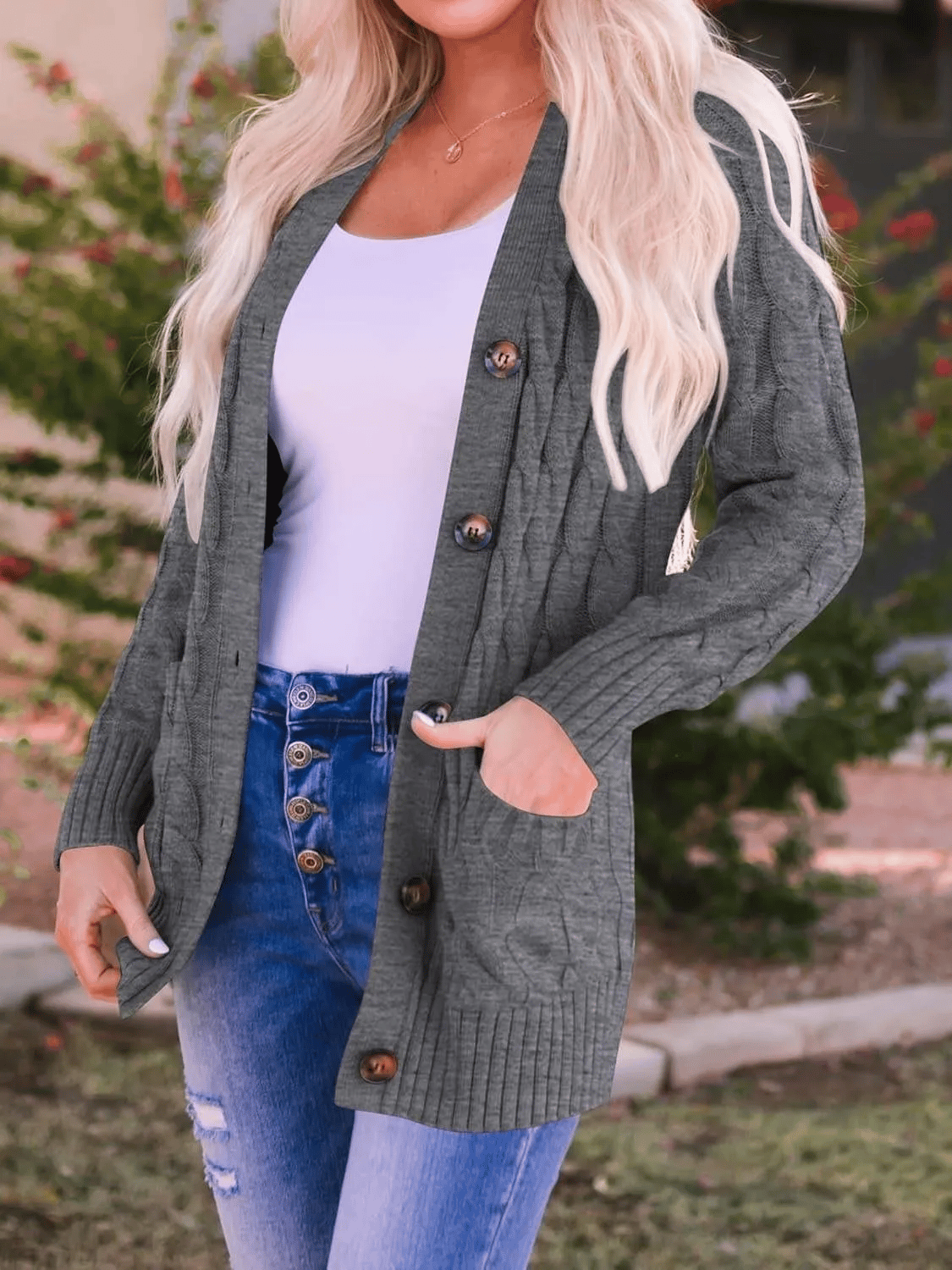 Women's Long Cable Knit Cardigan with Button Front and Pockets