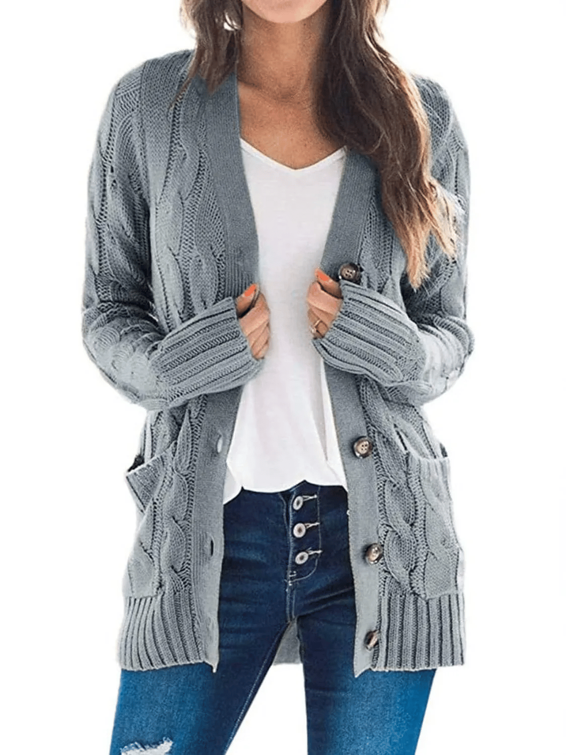 Women's Long Cable Knit Cardigan with Button Front and Pockets