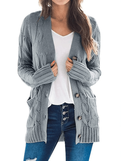 Women's Long Cable Knit Cardigan with Button Front and Pockets