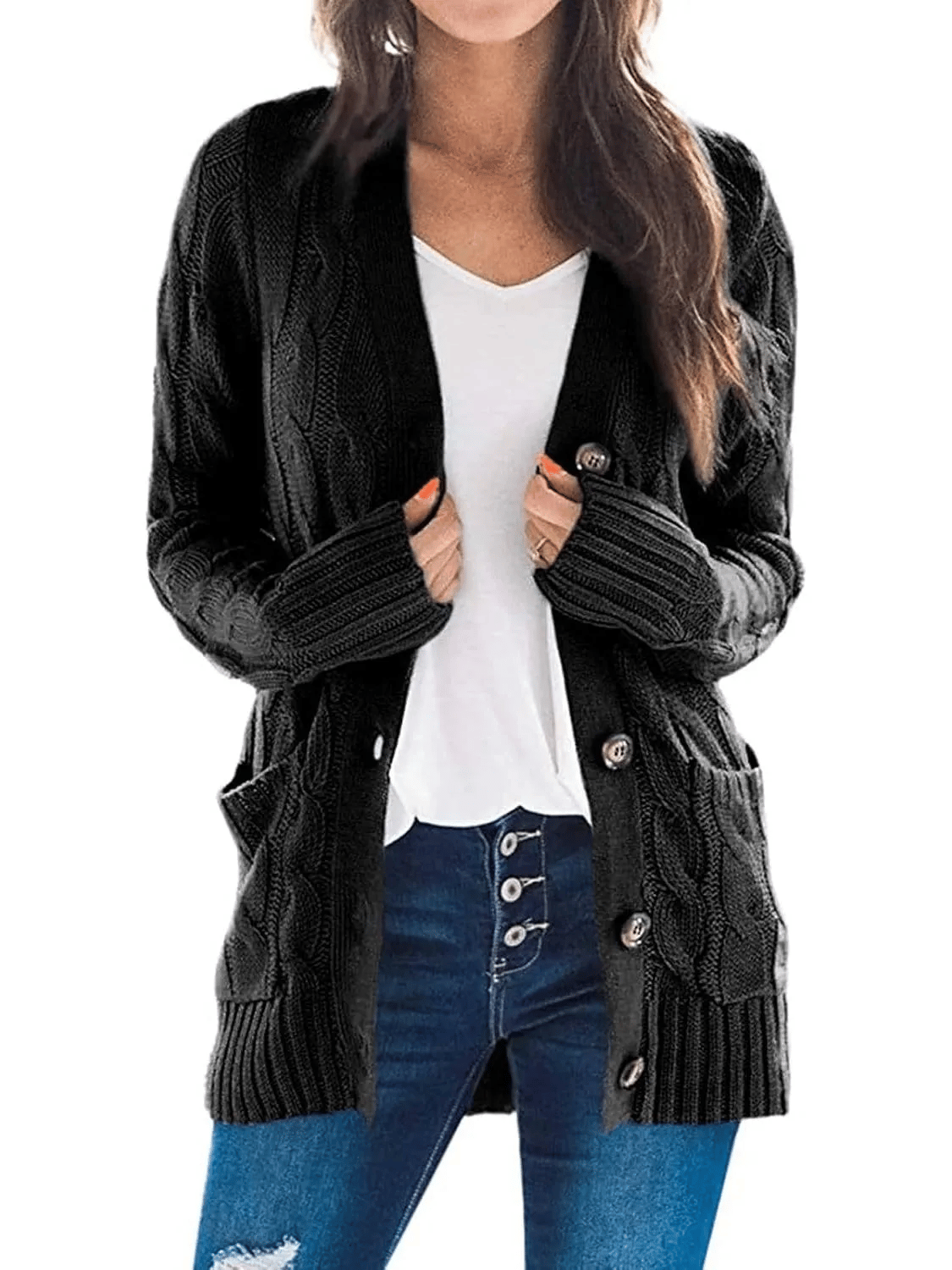 Women's Long Cable Knit Cardigan with Button Front and Pockets