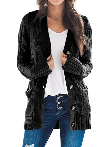 Women's Long Cable Knit Cardigan with Button Front and Pockets