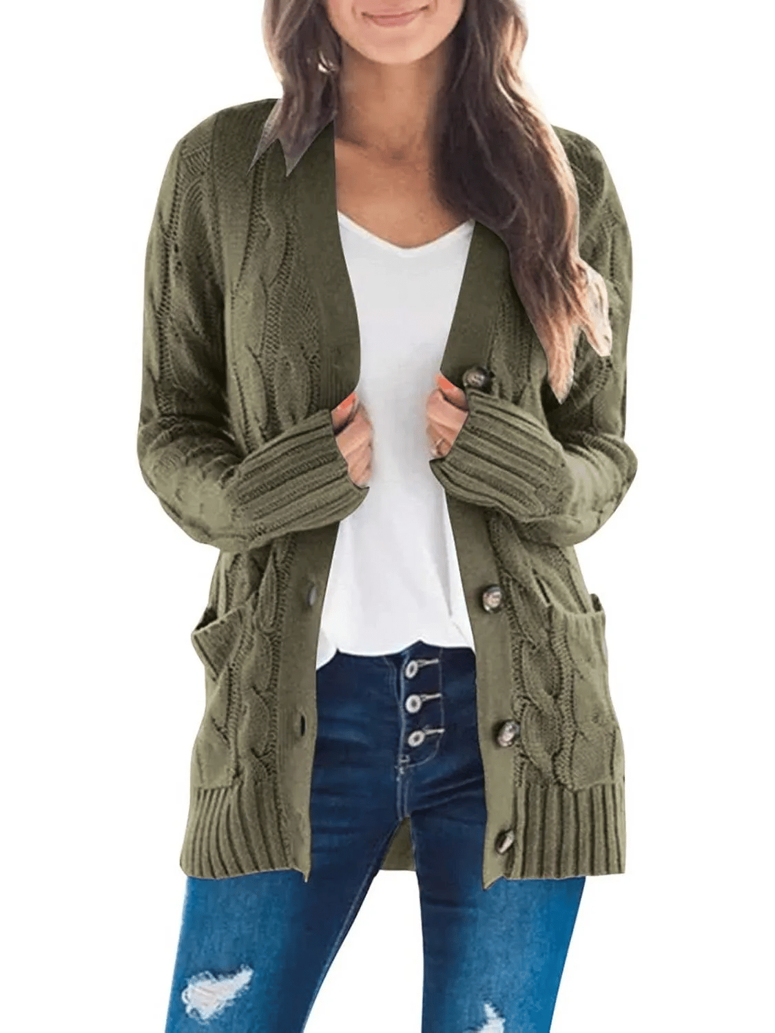 Women's Long Cable Knit Cardigan with Button Front and Pockets