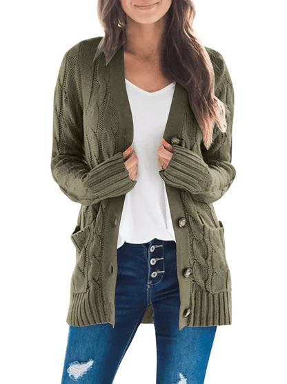 Women's Long Cable Knit Cardigan with Button Front and Pockets