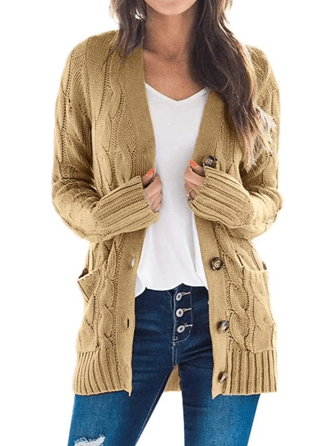 Women's Long Cable Knit Cardigan with Button Front and Pockets