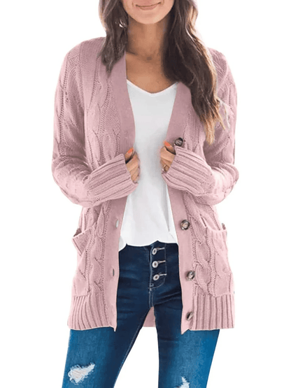 Women's Long Cable Knit Cardigan with Button Front and Pockets
