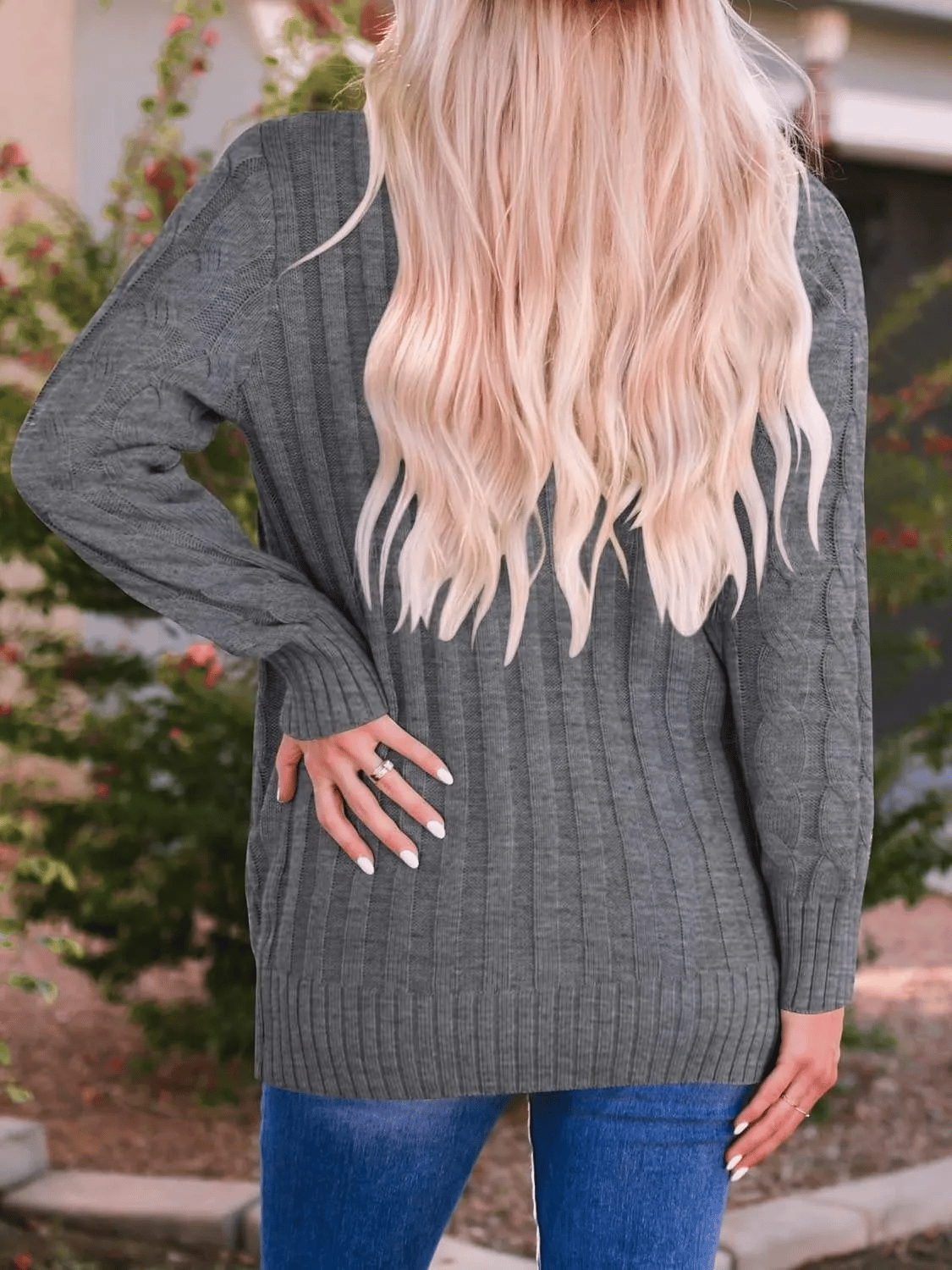 Women's Long Cable Knit Cardigan with Button Front and Pockets