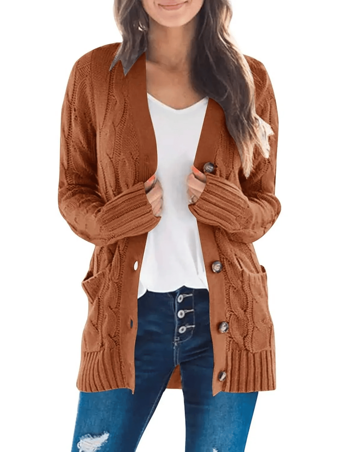 Women's Long Cable Knit Cardigan with Button Front and Pockets