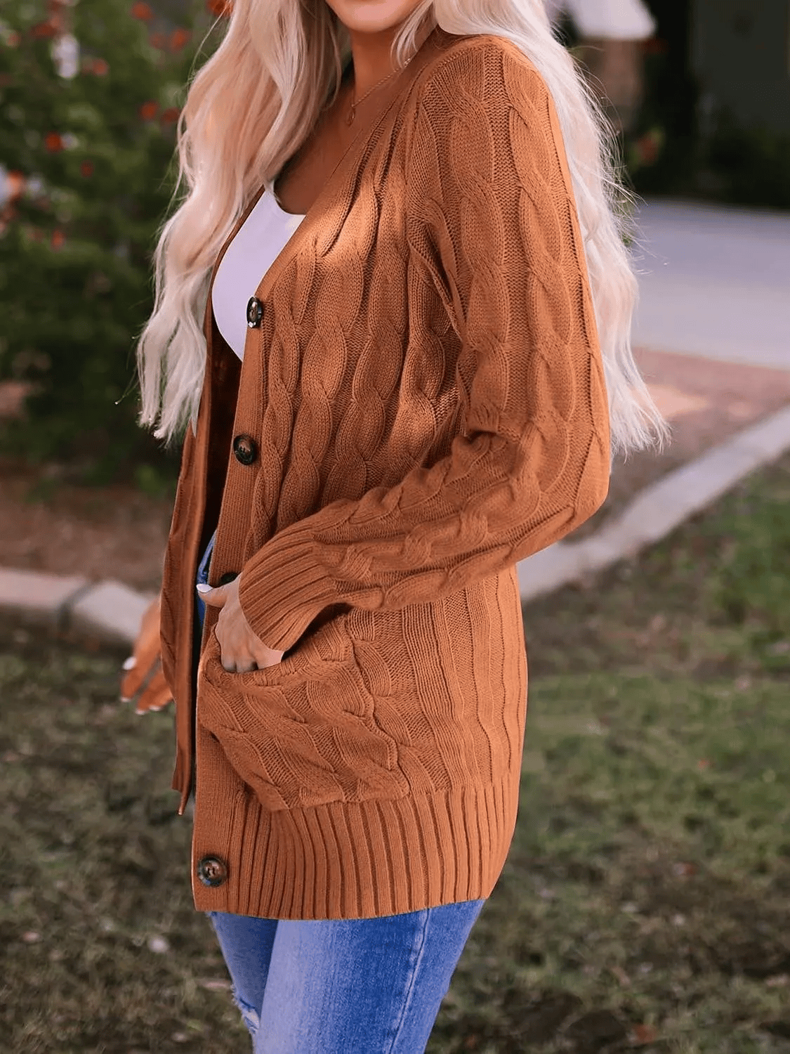Women's Long Cable Knit Cardigan with Button Front and Pockets