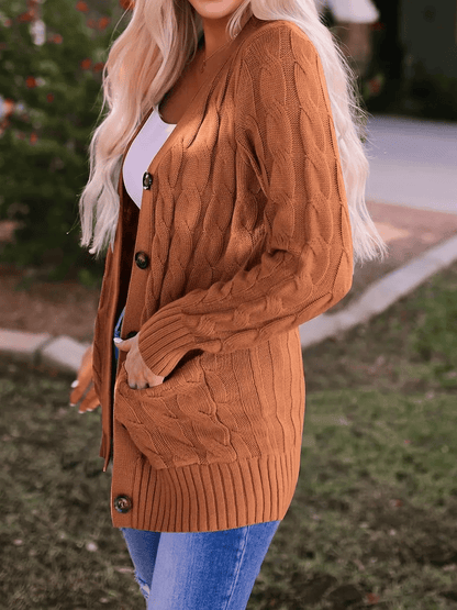 Women's Long Cable Knit Cardigan with Button Front and Pockets