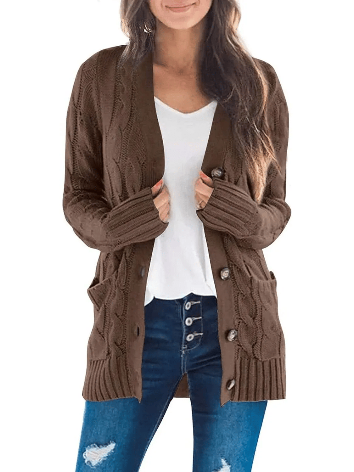 Women's Long Cable Knit Cardigan with Button Front and Pockets