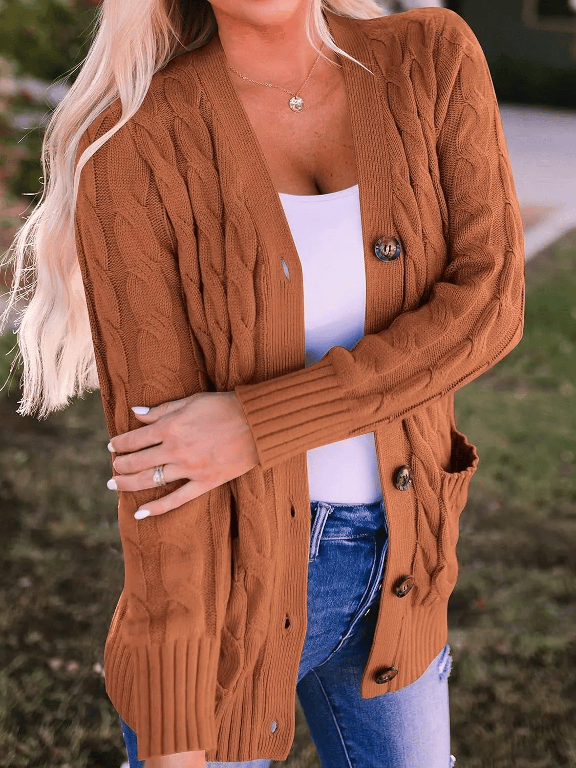 Women's Long Cable Knit Cardigan with Button Front and Pockets