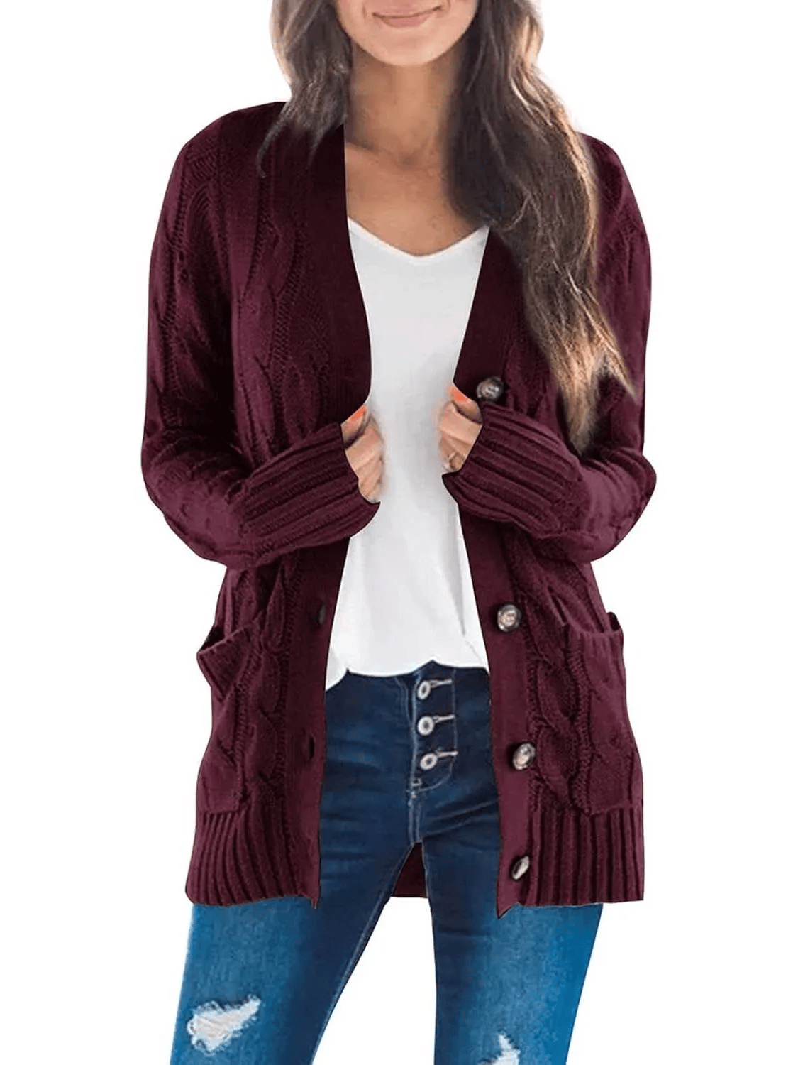 Women's Long Cable Knit Cardigan with Button Front and Pockets