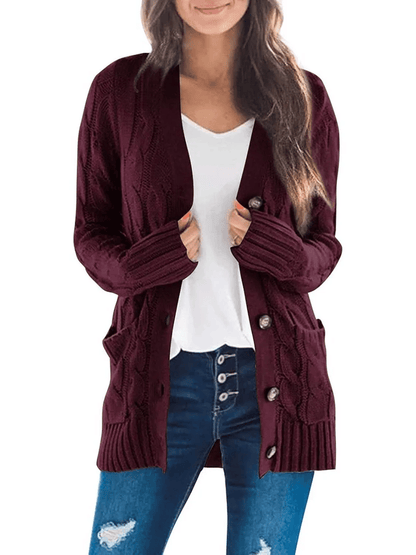 Women's Long Cable Knit Cardigan with Button Front and Pockets