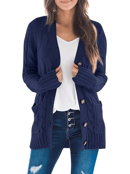 Women's Long Cable Knit Cardigan with Button Front and Pockets