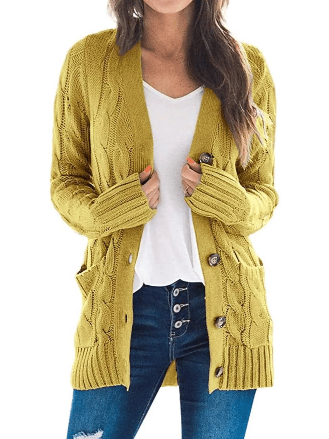 Women's Long Cable Knit Cardigan with Button Front and Pockets