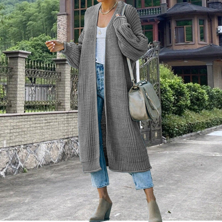 Women's Long Chunky Knit Cardigan with Open Front and Wide Sleeves