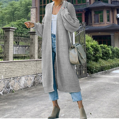 Women's Long Chunky Knit Cardigan with Open Front and Wide Sleeves