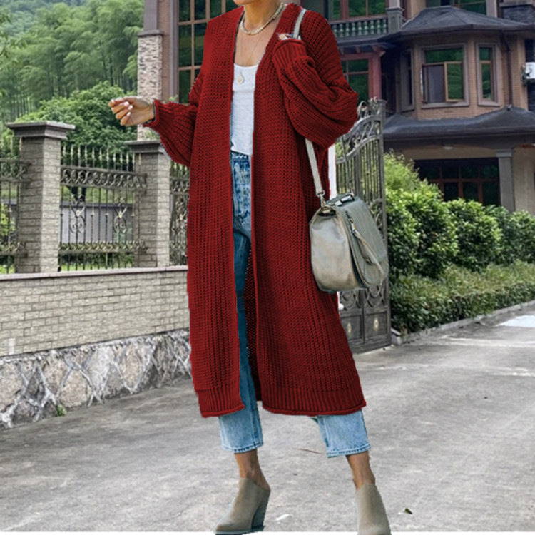 Women's Long Chunky Knit Cardigan with Open Front and Wide Sleeves