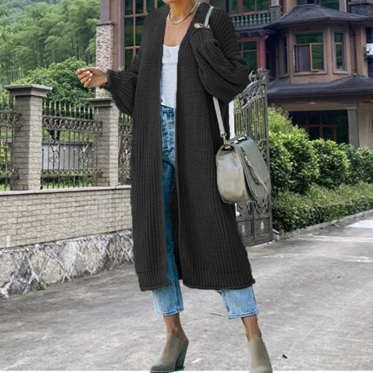 Women's Long Chunky Knit Cardigan with Open Front and Wide Sleeves