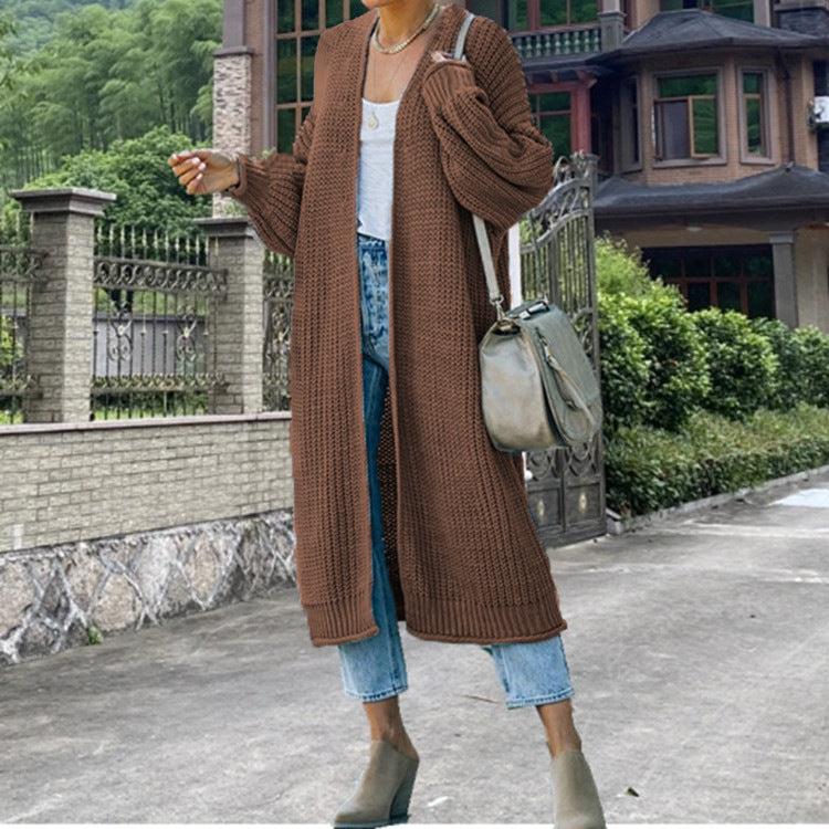 Women's Long Chunky Knit Cardigan with Open Front and Wide Sleeves
