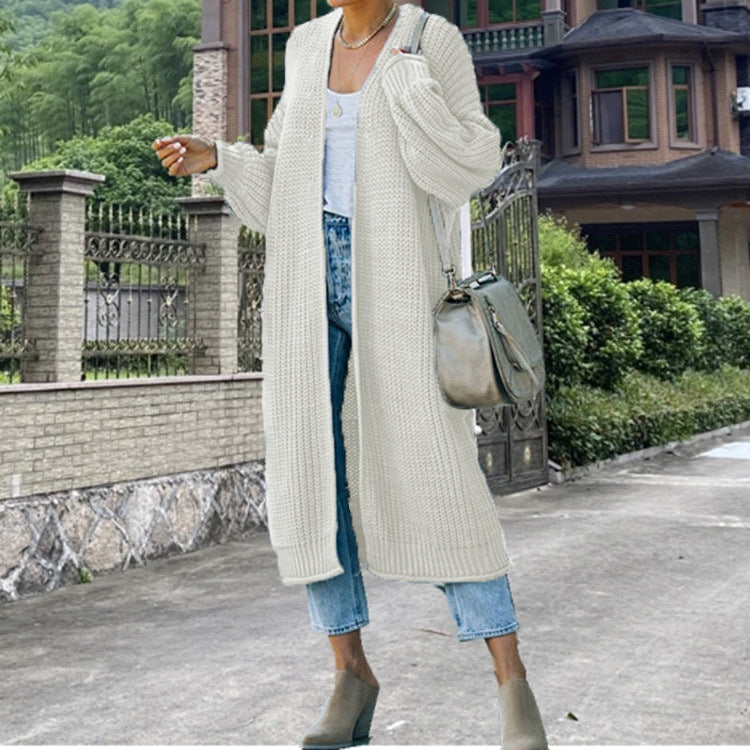 Women's Long Chunky Knit Cardigan with Open Front and Wide Sleeves