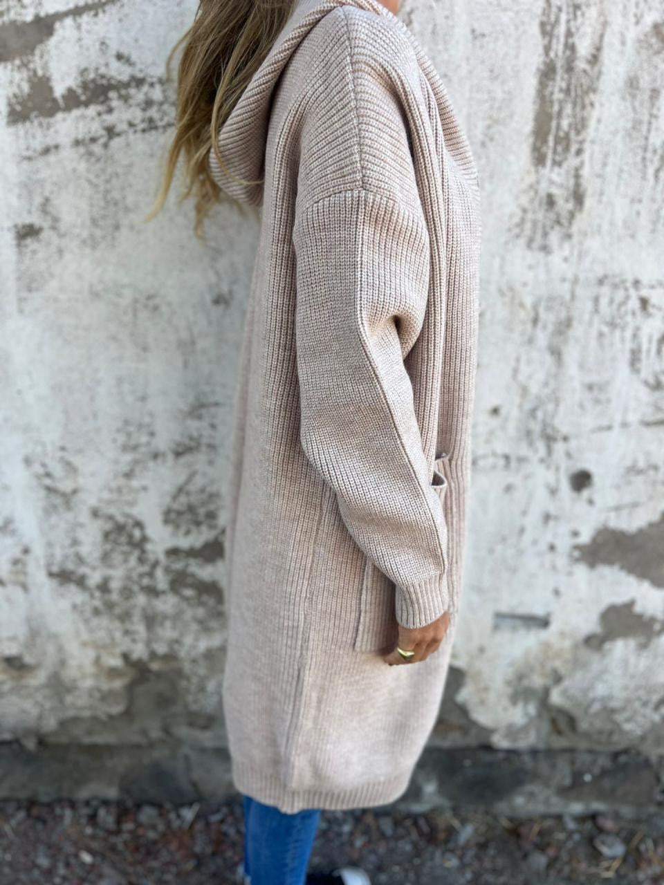 Women's Longline Open Cardigan with Pockets in Fluffy Knit