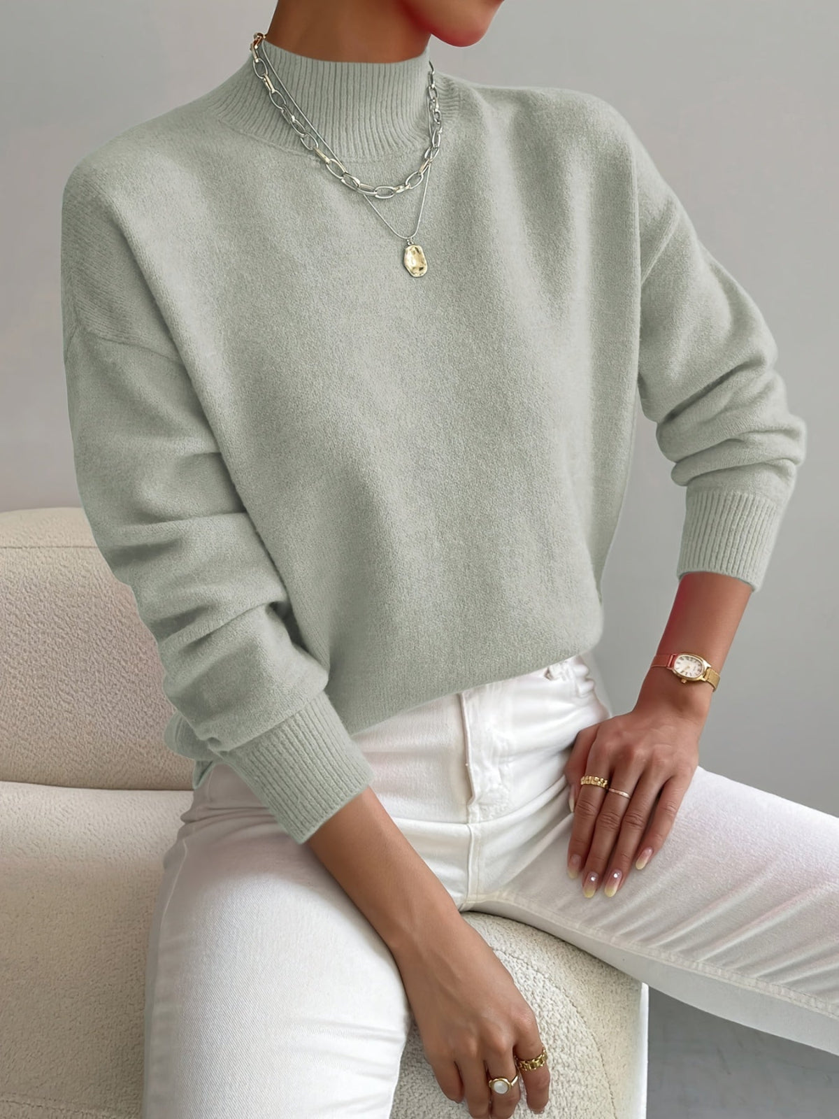 Women's Mock Neck Jumper with Reinforced Seams in Grey