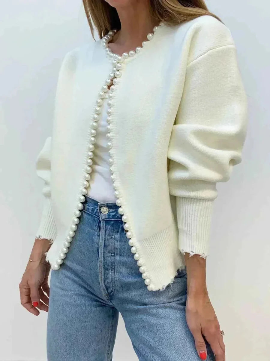 Women's Open Cardigan with Beaded Trim and Lightweight Design