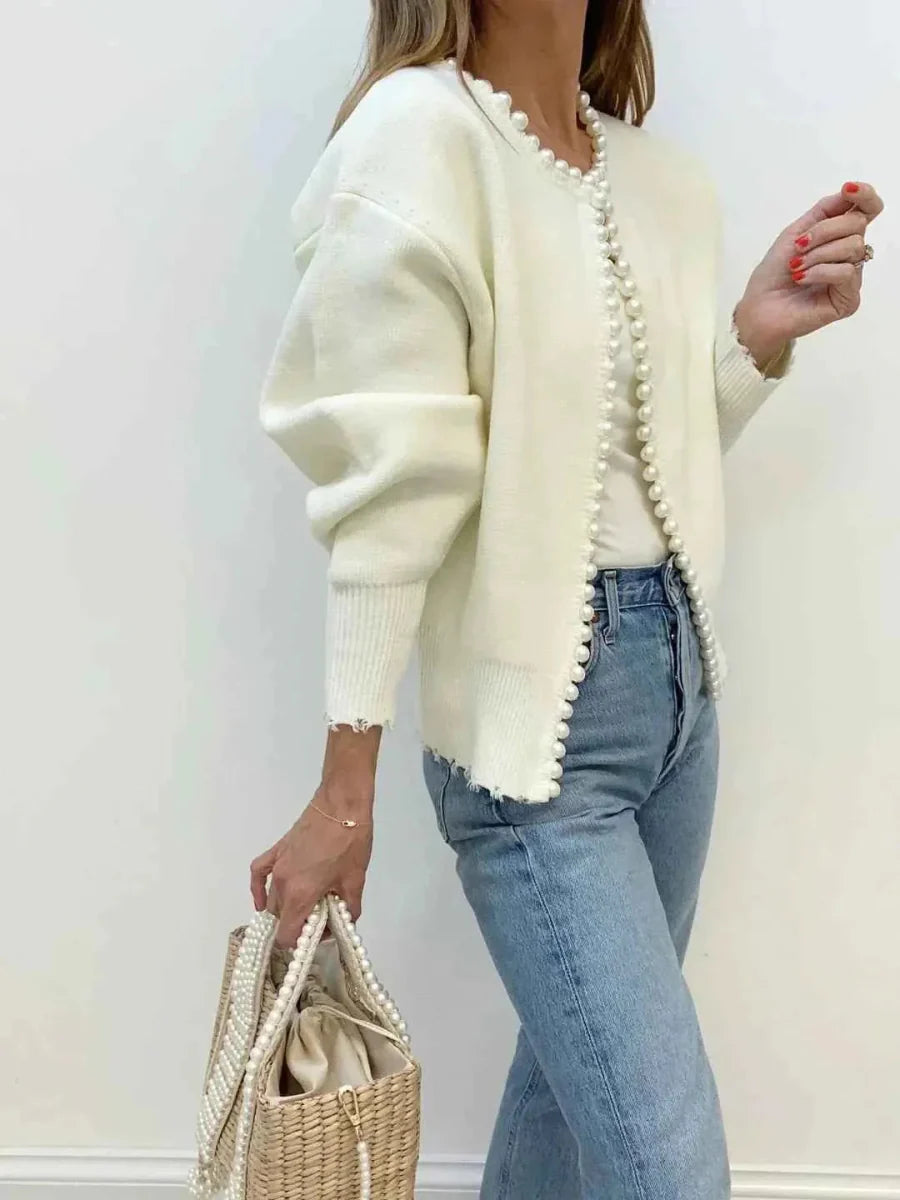 Women's Open Cardigan with Beaded Trim and Lightweight Design