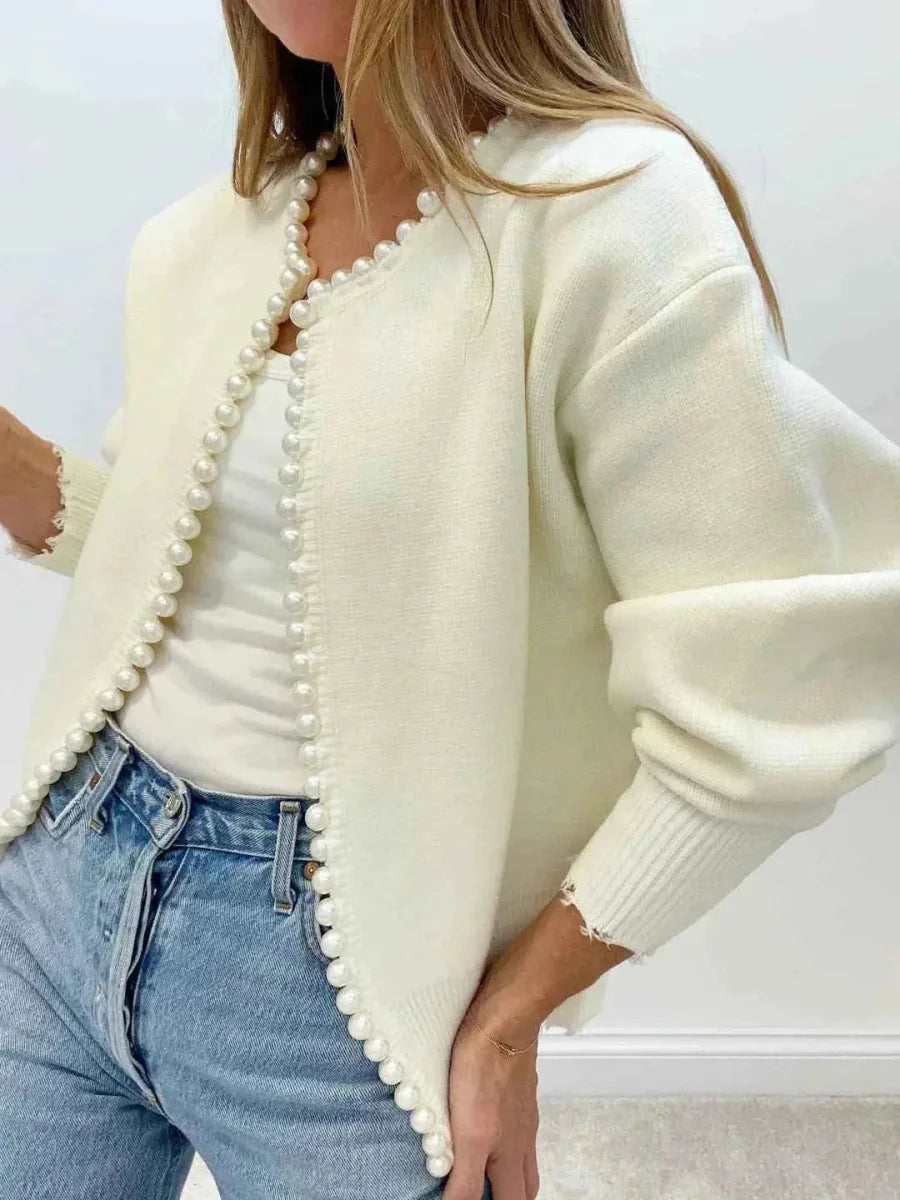 Women's Open Cardigan with Beaded Trim and Lightweight Design