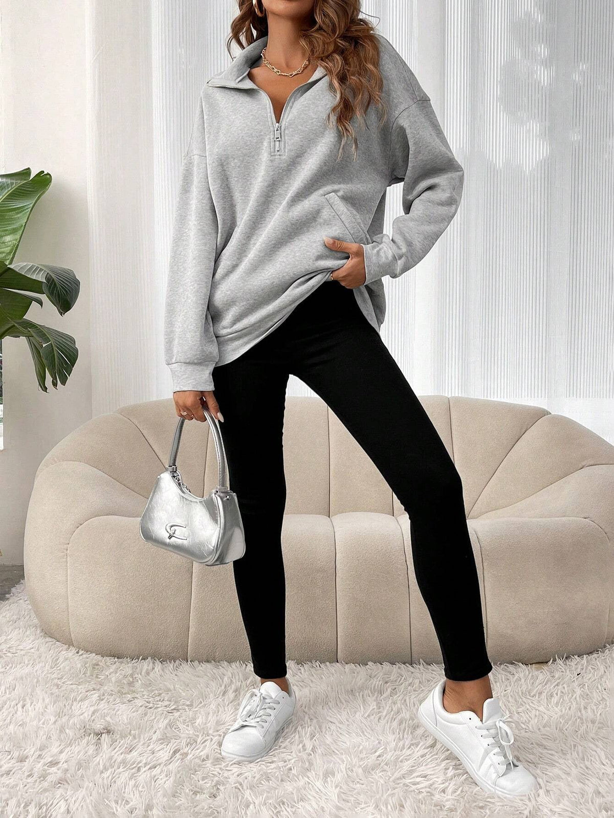 Women's Oversized Half-Zip Jumper with Smooth Knit Fabric