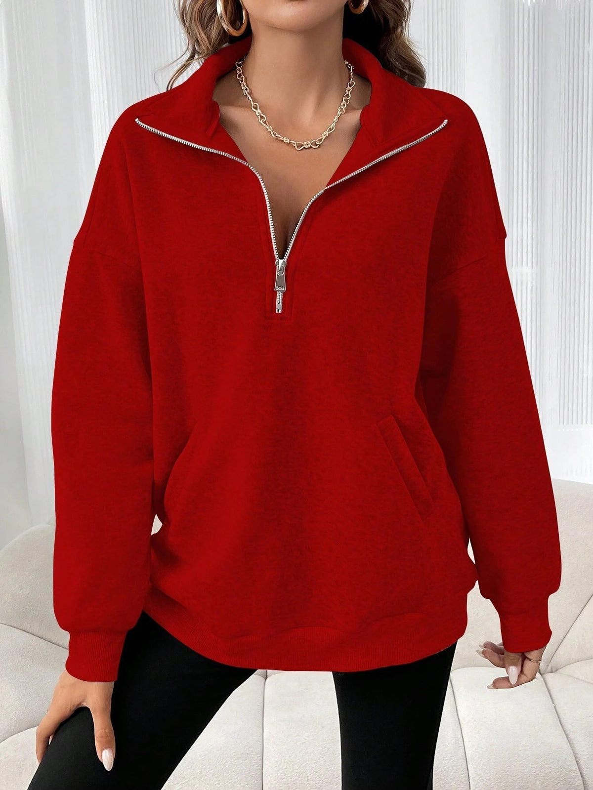Women's Oversized Half-Zip Jumper with Smooth Knit Fabric