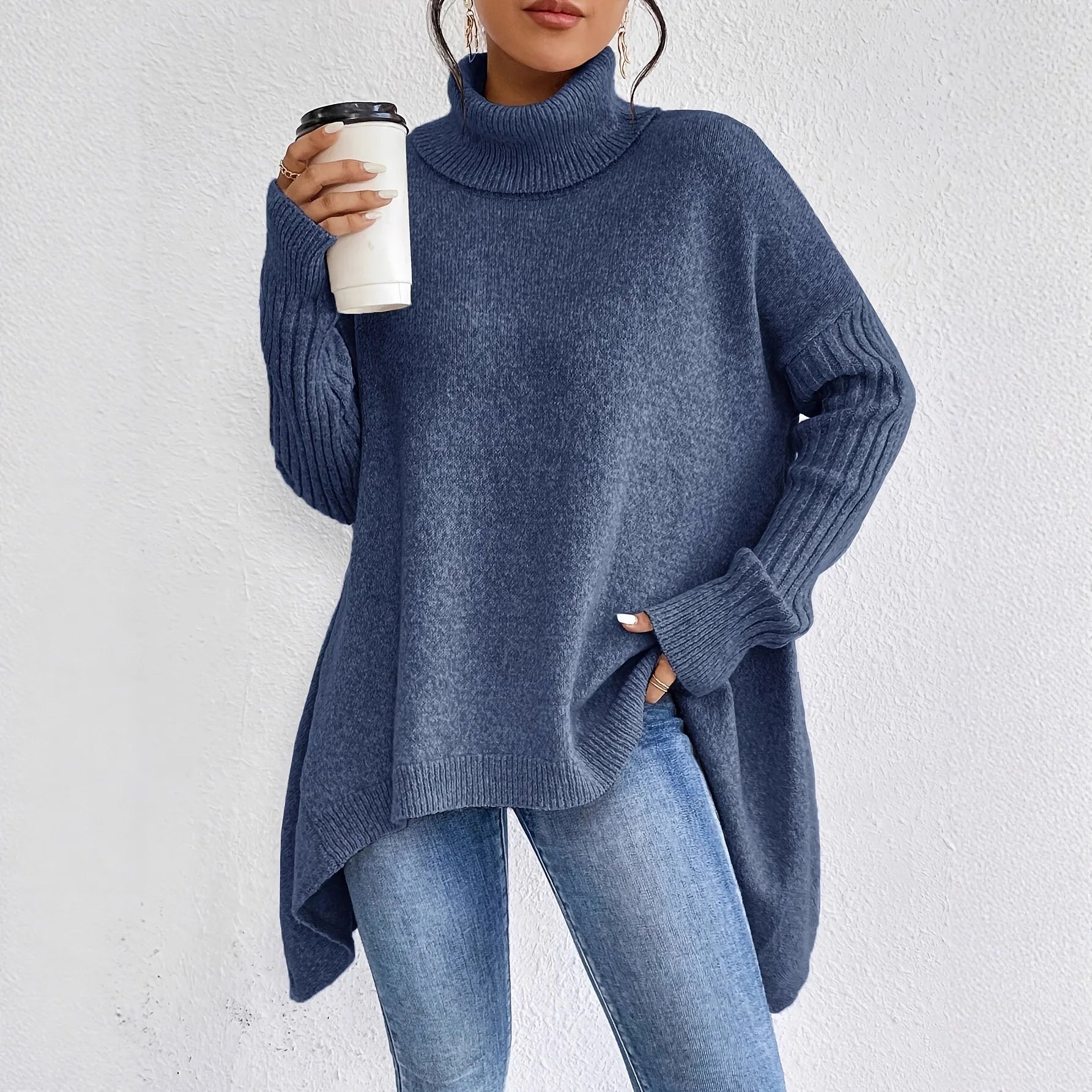 Women's Oversized Turtleneck Jumper with Asymmetrical Hem