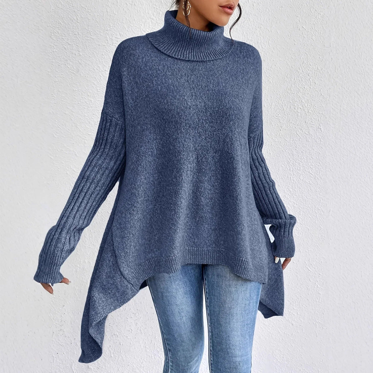Women's Oversized Turtleneck Jumper with Asymmetrical Hem