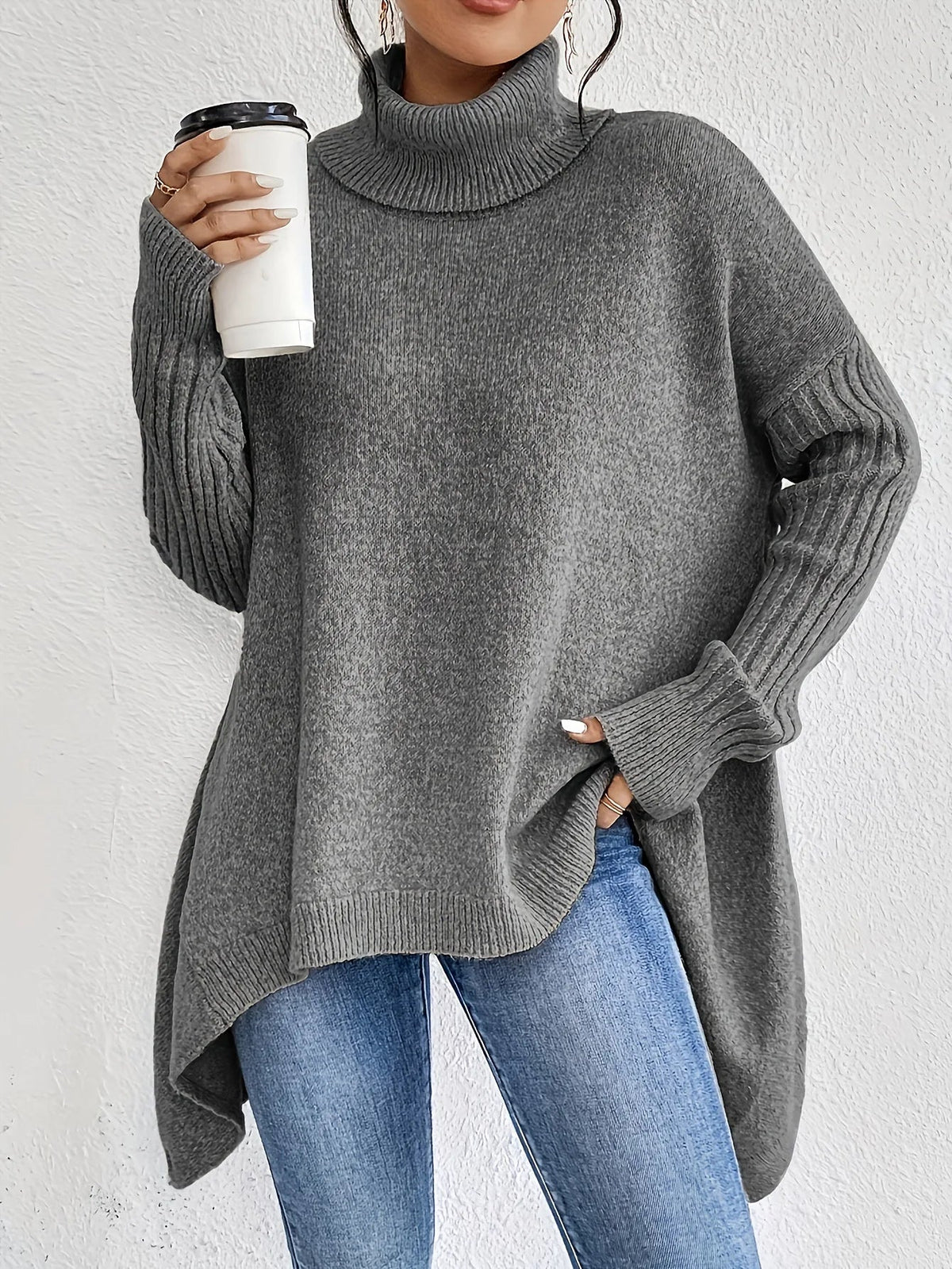 Women's Oversized Turtleneck Jumper with Asymmetrical Hem