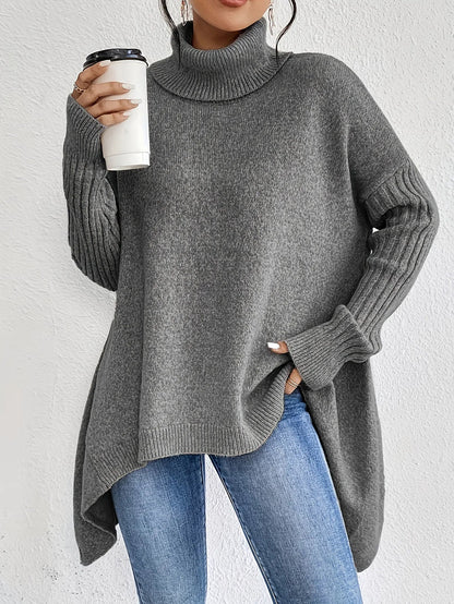 Women's Oversized Turtleneck Jumper with Asymmetrical Hem