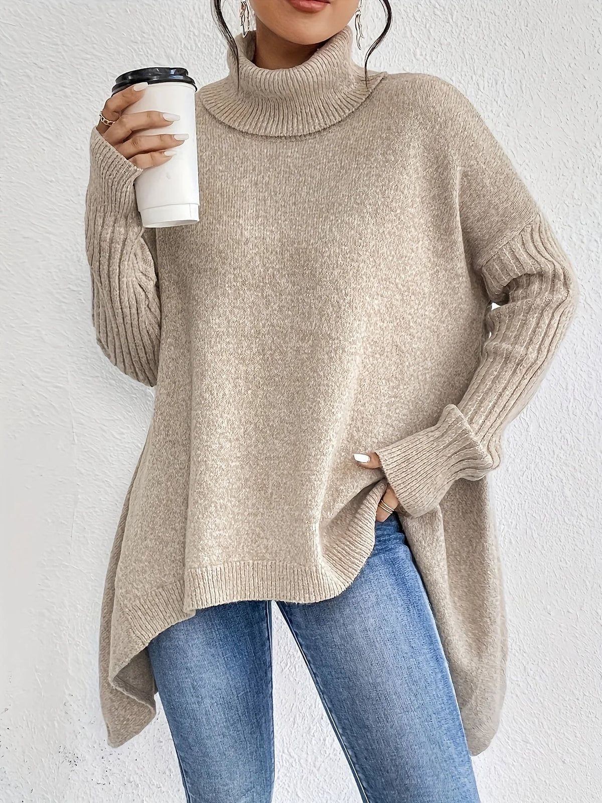 Women's Oversized Turtleneck Jumper with Asymmetrical Hem